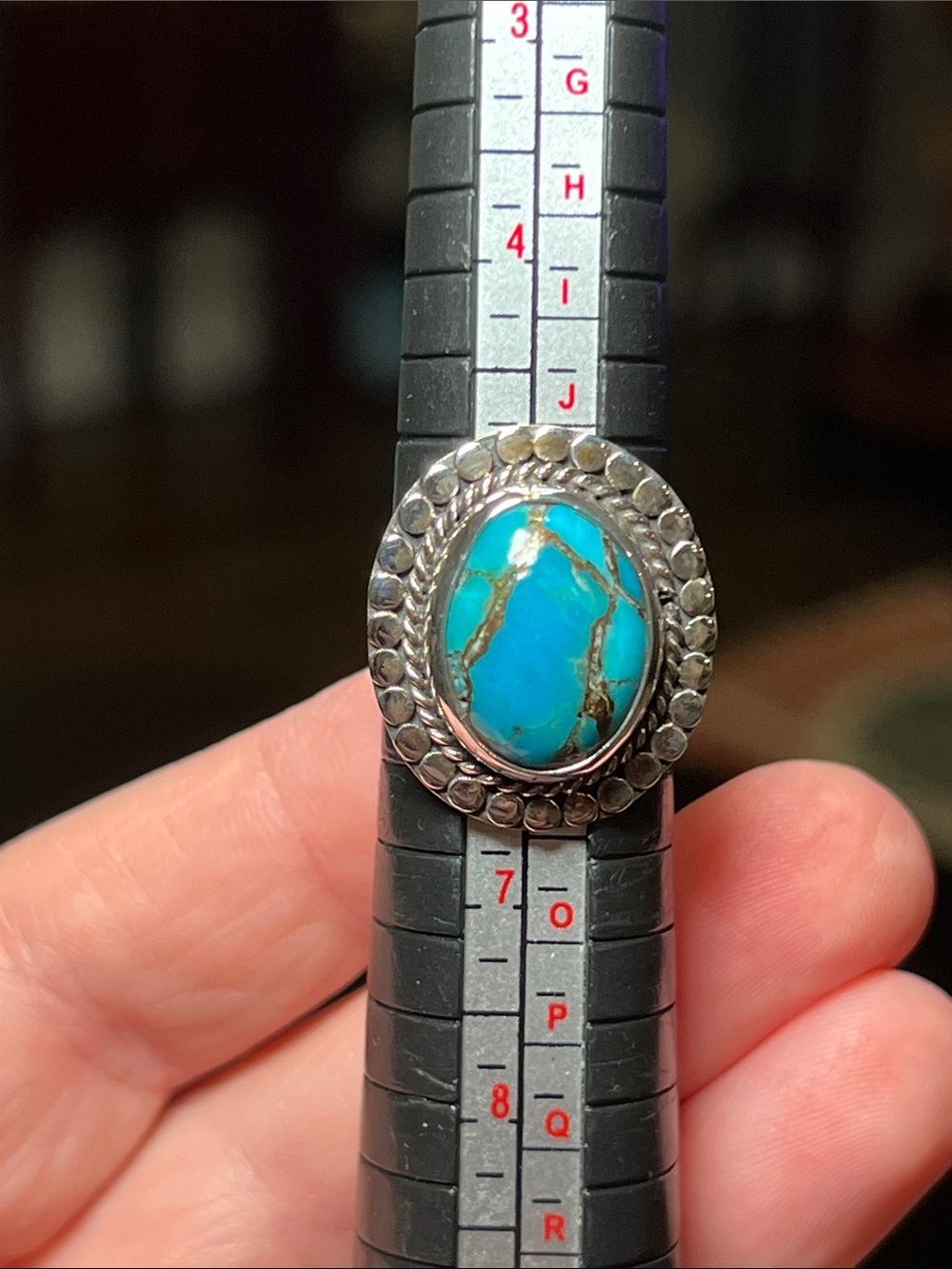 Vintage Boho Blue Copper Turquoise Oval Textured Sterling Silver 925 Ring